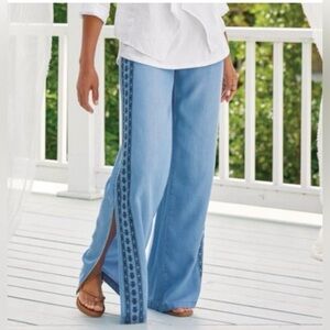 Soft Surroundings Calavera Embroidered Wide Leg Pants in Tulum Wash Chambray PL